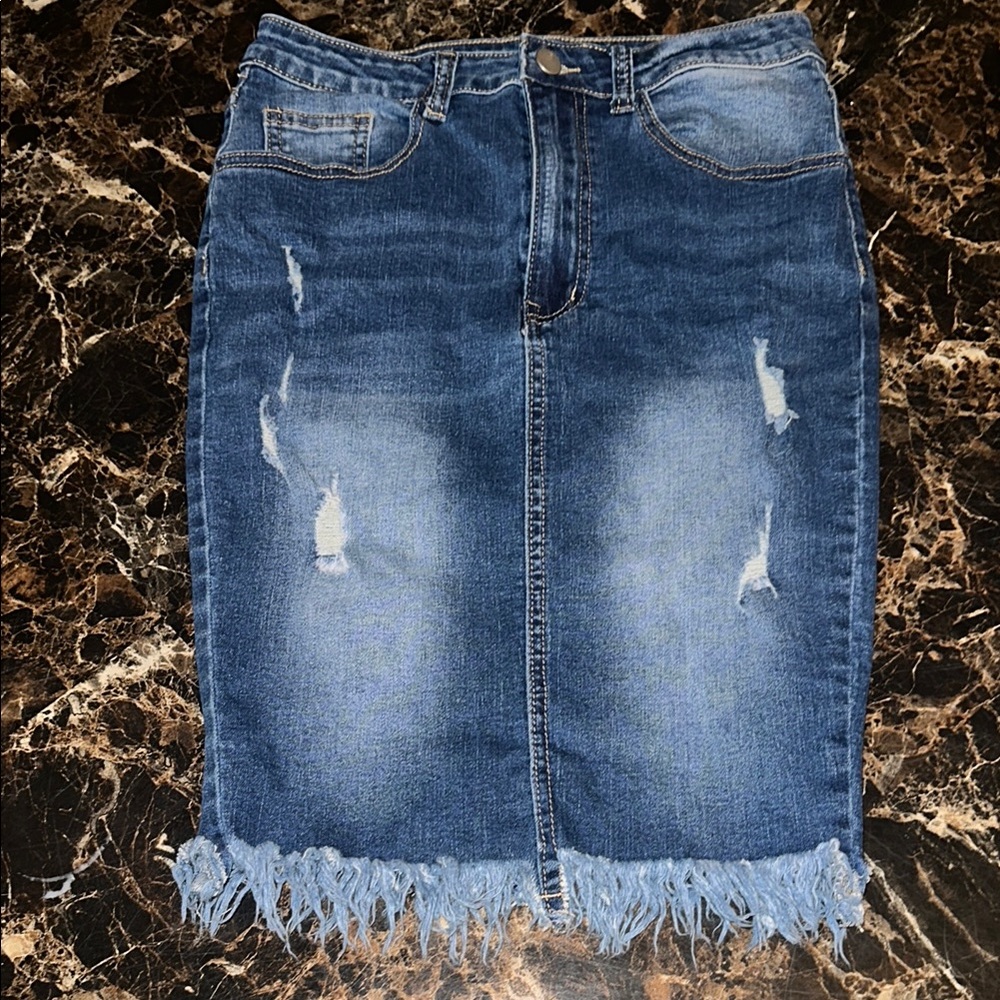 High Waist Denim Distressed Skirt with Frayed Hem, Size M (US 6)